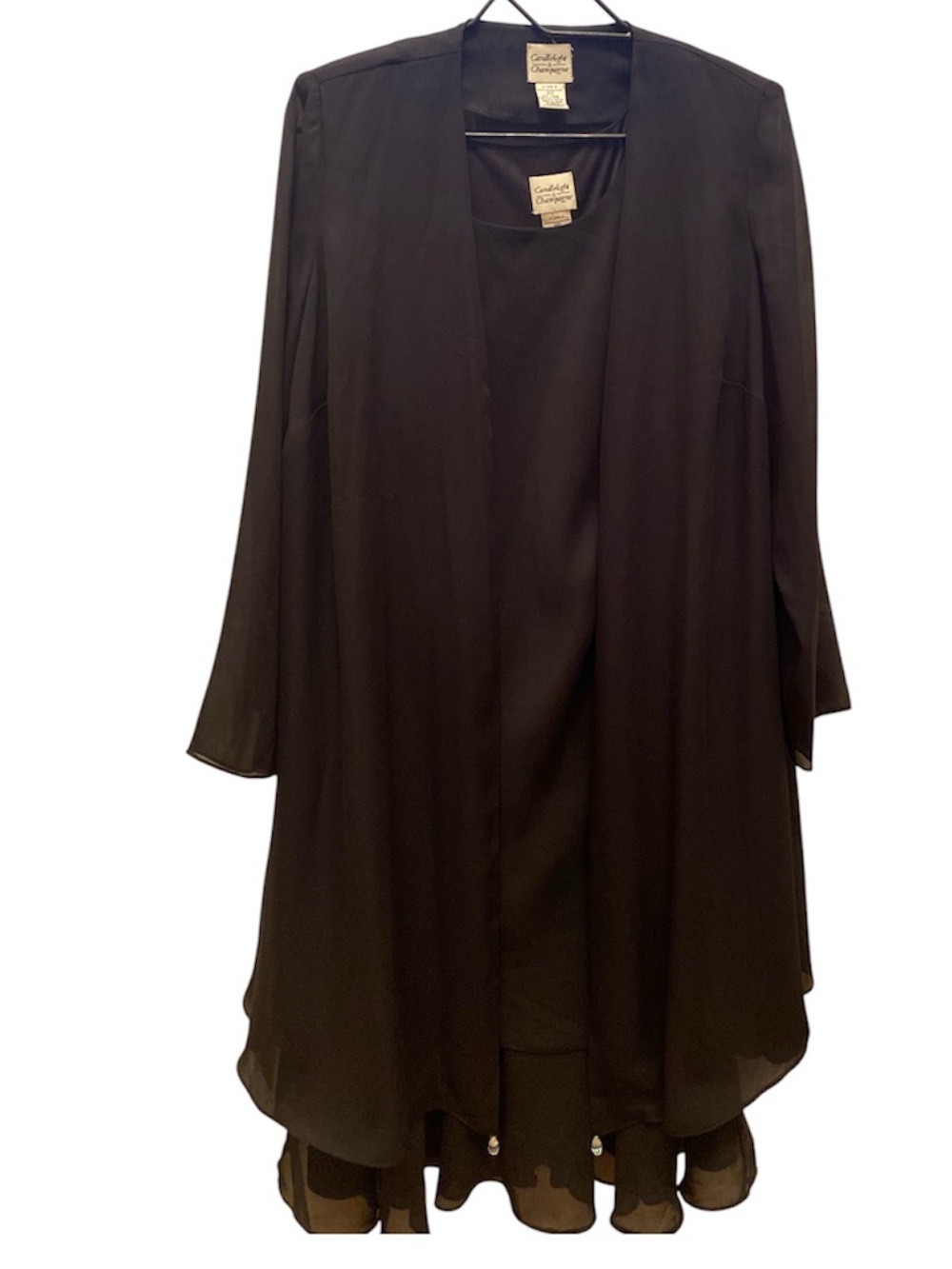 Candlelight & Champagne formal sleeveless dress, chiffon jeweled jacket, navy